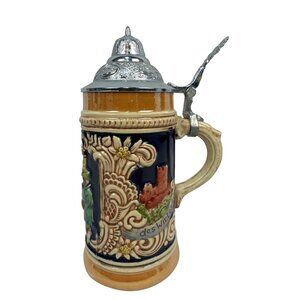 Vintage German Beer Stein With Pewter Lid Folk Scene & Gutes Bier Accents